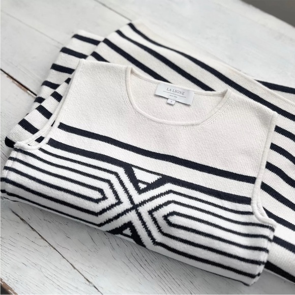 Rare La Ligne Emmanuelle Black Cream Striped SMALL Midi Day Dress Geometric $295 - Picture 9 of 15